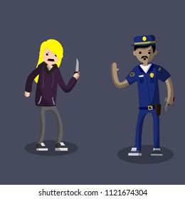 Cartoon flat illustration - a police officer detains a criminal woman. a man in uniform and a dangerous girl with a knife threatens life. The problem of security in the city. Crime and punishment.
