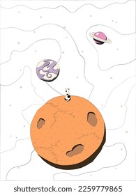 cartoon flat illustration, poster for a children's room, space, planets, a cat sitting on its back, stars, craters, color
