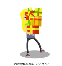 cartoon flat illustration - to prepare for the new year. Buying holiday gifts for Christmas. The young girl barely carries a huge pile of gifts