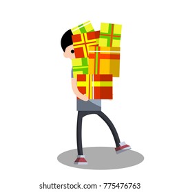 cartoon flat illustration - to prepare for the new year. Buying holiday gifts for Christmas. The young guy barely carries a huge pile of gifts