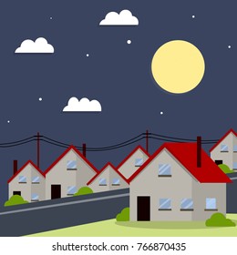 cartoon flat illustration - private houses of the suburbs. Low-rise buildings with red roofs. Night with moon and clouds