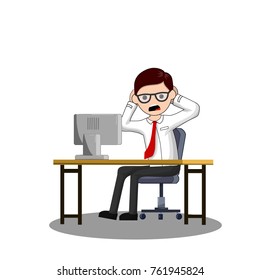 cartoon flat illustration - problems with the computer. Scared office worker, screaming, holding his head. A man nerd in glasses sits on a chair at the table.

