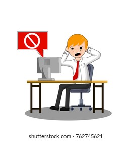 cartoon flat illustration - problems with the computer. The error message icon. Scared office worker, screaming, holding his head. A man sits on a chair at the table.


