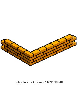 Cartoon flat illustration - red brick wall with black borders. isometric view. construction materials for the building. element of the house. angle of home

