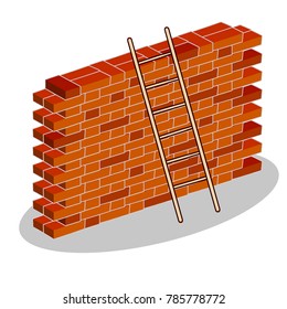 cartoon flat illustration - red brick wall with a ladder.