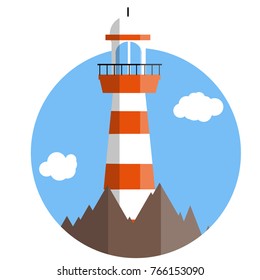 cartoon flat illustration - red white lighthouse on the rocks of the mountains icon in circle