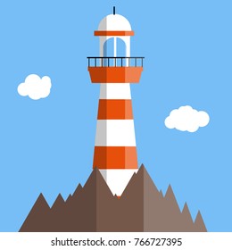cartoon flat illustration - red white lighthouse on the rocks of the mountains