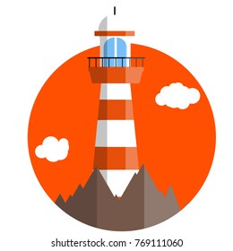 cartoon flat illustration - red white lighthouse on the cliff on red circle background and cloud