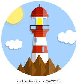 cartoon flat illustration - red white lighthouse on the cliff on blue sky background circle