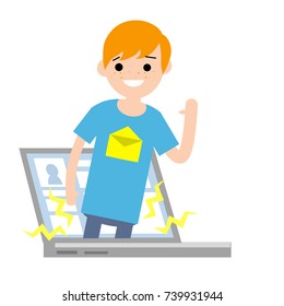 cartoon flat illustration - the red-haired guy in a blue shirt comes out of the laptop the message - email communication