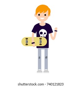 cartoon flat illustration - the red-haired guy sport skater in clothing with skull and skateboard
