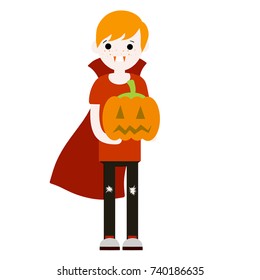 cartoon flat illustration the red-haired guy in a vampire costume with fangs on Halloween with a pumpkin in his hand and the cloak