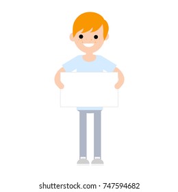 cartoon flat illustration - the red-haired guy with a blank sign in his hands in blue dress
