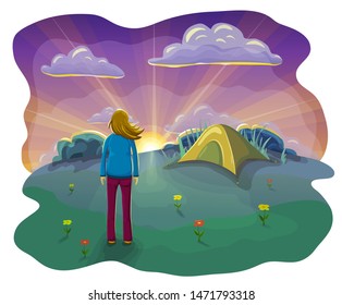 cartoon flat illustration of relaxing woman resting with tent in nature at sunset. woman enjoying sunset in nature. summer camping landscape with beautiful evening sky, clouds, camping tent and girl.