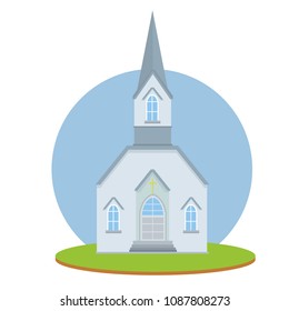 Cartoon flat illustration - religious building. Catholic Protestant Church for prayer. blue white house with a spire and Windows. kirk for clergy. element of city. environment of the urban town