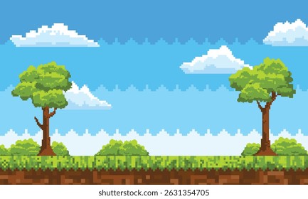 Cartoon flat illustration retro pixel art landscape background. suitable for 8-bit retro-style arcade game design
