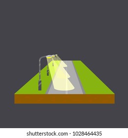 cartoon flat illustration - the road is built into the horizon. highway track for cars. A number of lampposts. city on the horizon. traveling by car on business. night lighting the way