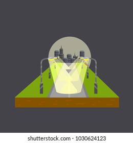 cartoon flat illustration - the road is built into the horizon. highway track for cars. A number of lampposts. city on the horizon. traveling by car on business. Summer weather. night lighting the way