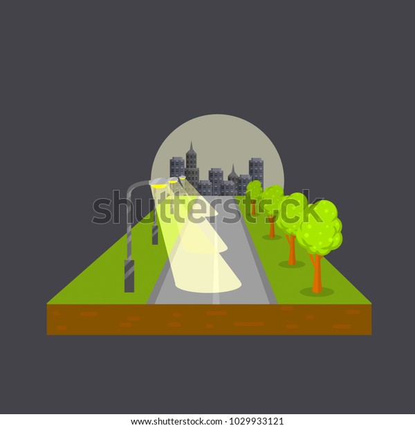 cartoon flat illustration - the road is built into\
the horizon. highway track for cars. A number of lampposts. city on\
the horizon. traveling by car on business. Summer weather. night\
lighting the way