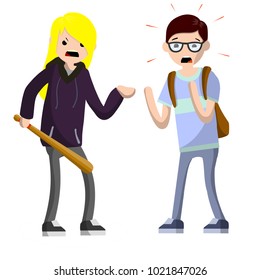 cartoon flat illustration - robbing a man with a thug. female theft with threats. guy's in danger. criminal situation. extortion of money. dangerous woman with a baseball bat. the girl bully at work.