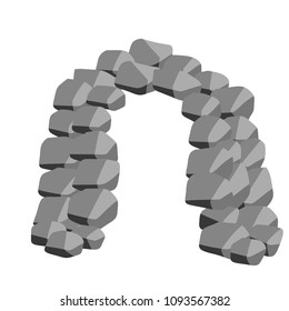 Cartoon flat illustration - rock arch. element of wild caves. entrance inside. pile of stones. part of the building materials. primitive dwelling

