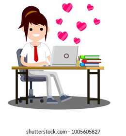 Cartoon flat illustration - romantic relationship. office girl in shirt and tie behind a Desk with a computer gets Valentines. correspondence in the messenger with her beloved. Chat Internet network.
