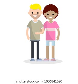 Cartoon flat illustration - romantic relationship. a couple in love. The concept of romance. two lovely young students, friends stand together.  girl in shorts.
