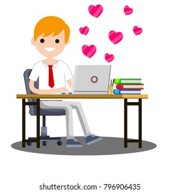 Cartoon flat illustration - romantic relationship. office guy in shirt and tie behind a Desk with a computer gets Valentines. correspondence in the messenger with his beloved. Chat Internet network.
