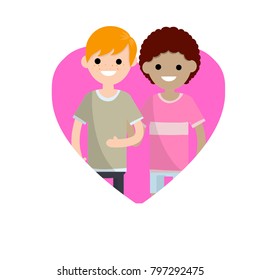 Cartoon flat illustration - romantic relationship. loving youth. cute couple boy and girl in a big pink heart. The Valentine's day holiday. a symbol of love and Dating. Funny characters.