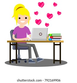Cartoon flat illustration - romantic Valentine's day holiday. cute young blonde girl is sitting on a chair at a Desk with a computer. Woman gets Valentine hearts in the messages. 