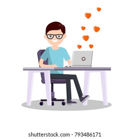 Cartoon flat illustration - romantic Valentine's day holiday. cute young nerd is sitting on a chair at a Desk with a computer. Guy gets Valentine hearts in the messages. 