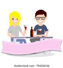 Cartoon flat illustration - romantic Valentine's day holiday. A guy and a girl sitting at a table on a date and drink wine. The couple celebrates relationship in the restaurant.
