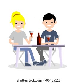 Cartoon flat illustration - romantic Valentine's day holiday. A guy and a girl sitting at a table on a date and drink wine. The couple celebrates relationship in the restaurant.

