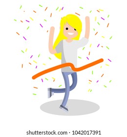 Cartoon flat illustration - the running blond girl. the female winner. success and victory in sports. crossing the finish line of the tape. the champion of the competition.
