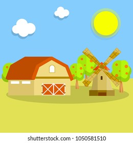 Cartoon flat illustration - rural landscape. wooden amber and a mill to produce flour from grain. apple orchard. natural eco products. the concept farm. environment of the village.
