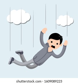 Cartoon flat illustration - screaming man falls from height. Flight among clouds. horror and fear of heights - phobia Acrophobia. Drop young guy