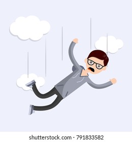 Cartoon flat illustration - screaming man falls from a height. Drop a young guy. Flight among the clouds. The horror and fear of heights - phobia Acrophobia.