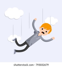 Cartoon flat illustration - screaming man falls from a height. Drop a young guy. Flight among the clouds. The horror and fear of heights - phobia Acrophobia.