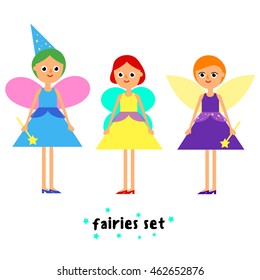 Cartoon flat illustration set of girls fairy in colorful dress with wings cap and magic wand isolated on white background / vector eps 10