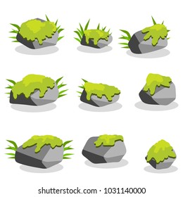 cartoon flat illustration - set of gray rock stones. natural element. the environment of the forest. plants and grass in the background. soft moss