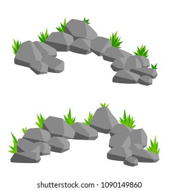 Cartoon flat illustration - set of gray stones. a mighty wall of granite. background element. environment of nature. the barrier of rocks. obstacle of cliff and green grass