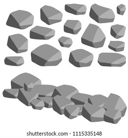 Cartoon flat illustration - set the gray stones of the rocks. building material. strong fence. natural mountain. lots of granite.
