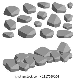 Cartoon flat illustration - set the gray stones of the rocks. building material. strong fence. natural mountain. lots of granite.

