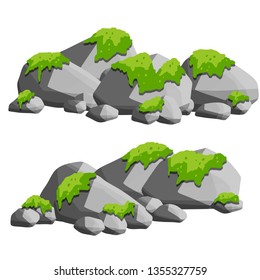 Cartoon flat illustration - set of gray granite stones. nature background element. rock structure. green vegetation. forest and mountain environment. soft moss, old Cobblestone and boulder