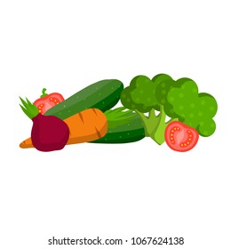 Cartoon flat illustration    set vegetables for the kitchen  green cucumber  broccoli  tomato   onion  carrot  veggie diet  healthy diet  meal the day  the rejection meat 
