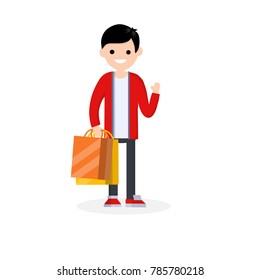 cartoon flat illustration - Shopping bag. Young man in bright red clothes standing with cardboard package.
