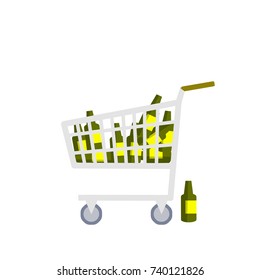 cartoon flat illustration - shopping cart on wheels full of bottles