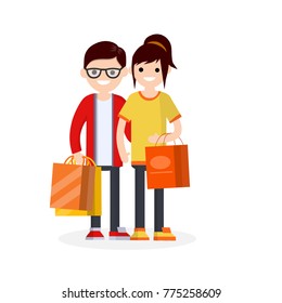 Cartoon flat illustration - shopping together. A couple of cute young men, nerd guy and girl, with shopping bags in red orange dress