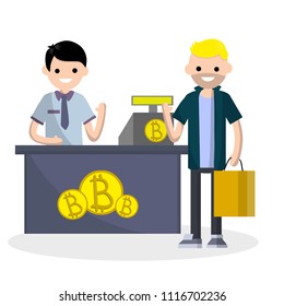 Cartoon flat illustration - the situation in the store. the seller at the checkout and the buyer with a shopping bag. payment for goods in bitcoin. clearing settlement.
