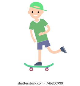 cartoon flat illustration - skater boy in green cloth and short ride on sport skateboard